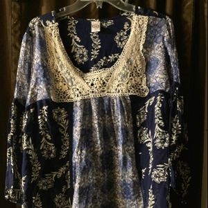 Bila Ladies BoHo Floral Puff Sleeve Shirt with Lace Detail-XXL